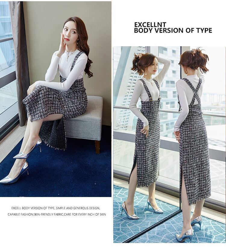 【set】ニットセーター+チェック柄サスペンダースカートセット G12551