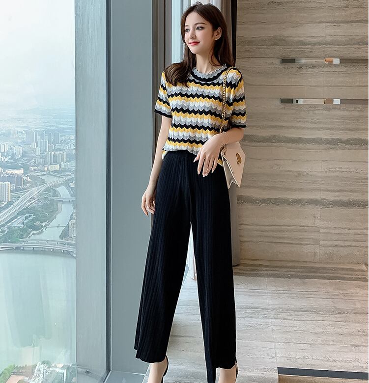 【set】薄手ニットラウンドネックTシャツ+無地ガウチョパンツおしゃれセットアップ
