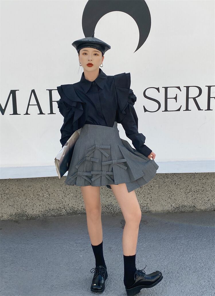 【tops】POLOネック長袖パフ袖ブラウスF7056