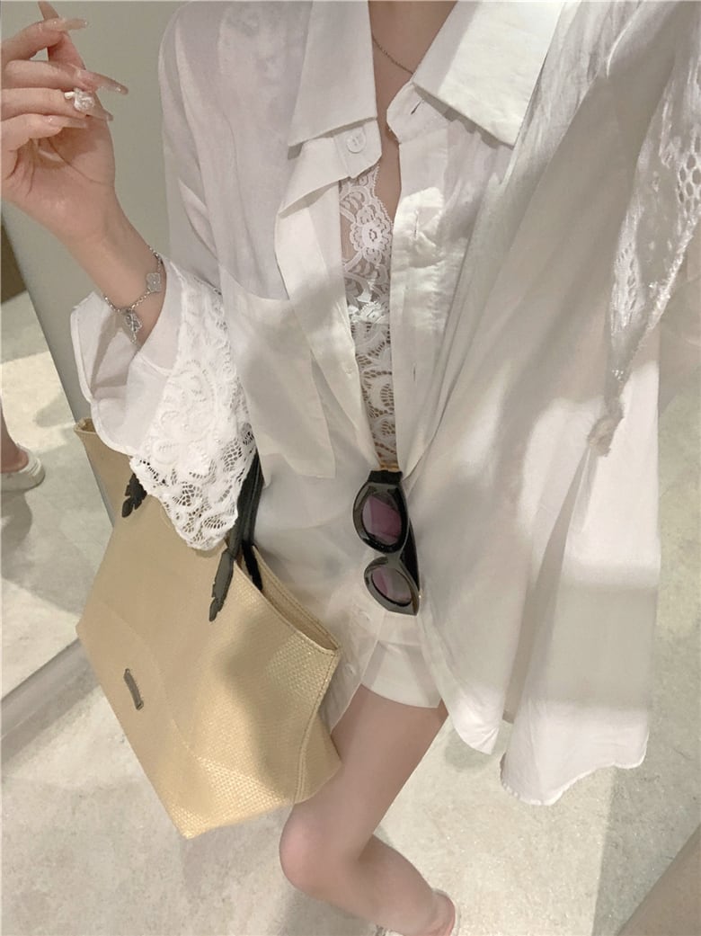 【set】UVカットシャツ×レースノースリーブトップスセット N2685
