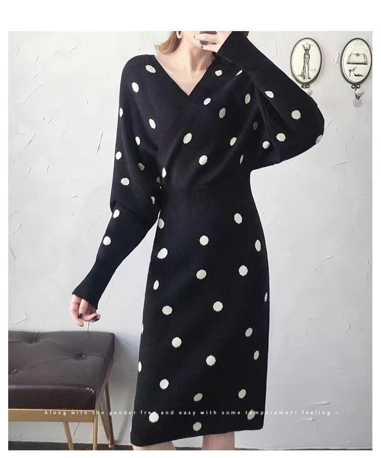 【dress】店長推薦Vネック長袖ドット柄美シルエット人気着やせおしゃれニットワンピースF1438