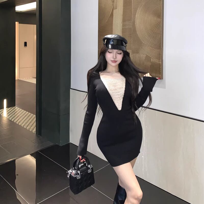 【dress】チェンドッキングニットワンピース Q8138