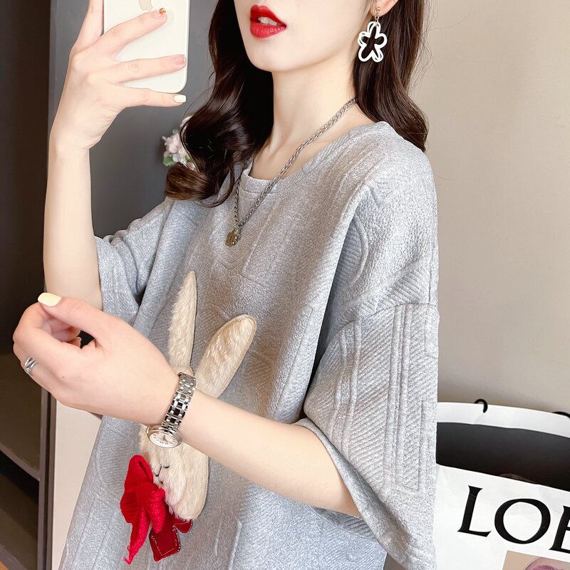 【tops】気質アップ2023夏新作ラウンドネック半袖3色動物柄ゆったり着回しTシャツF5292