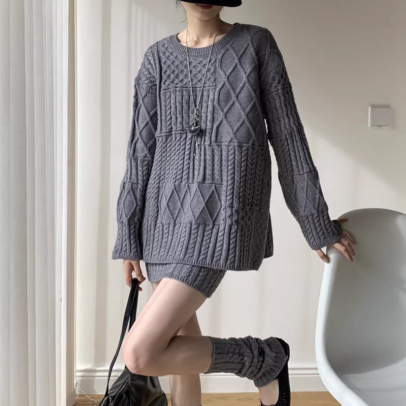 【set】ロングニットトップス×ストレートスカート×レッグウォーマー3点セット Q7720