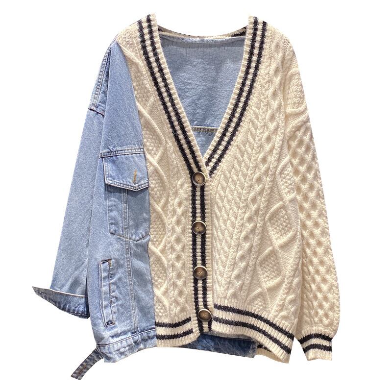 【outer】今季トレンドVネック長袖秋新作配色デニム切り替え着回しニットカーディガンF0842