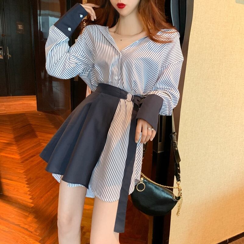 【set】ファッション気質満点個性派スカート+切り替えストライプ柄シャツワンピース2点セット G9207