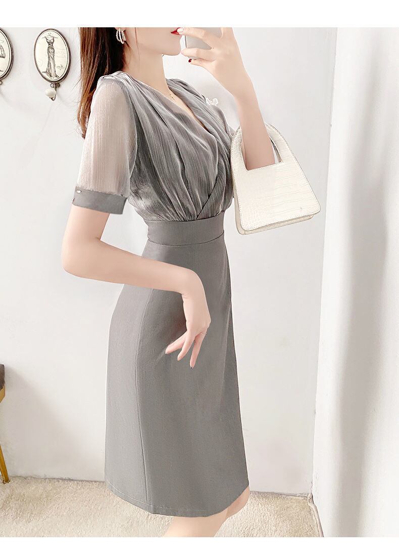 【dress】ファッション!気質満点レトロOL通勤着痩せVネックメッシュ切り替えワンピース G6423