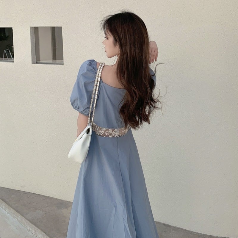 【dress】気質満点レトロ着痩せ透かし彫りスウィートスクエアネックパフスリーブワンピースF0004