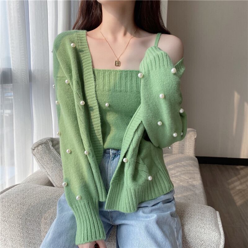 【set】無地キャミソール+ビーズ飾りカーディガン通勤日常ニット秋新作2点セットF0822