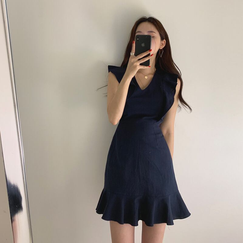 【dress】韓国風好感度UP!気質満点レトロフリル着痩せマーメイドワンピース G0127