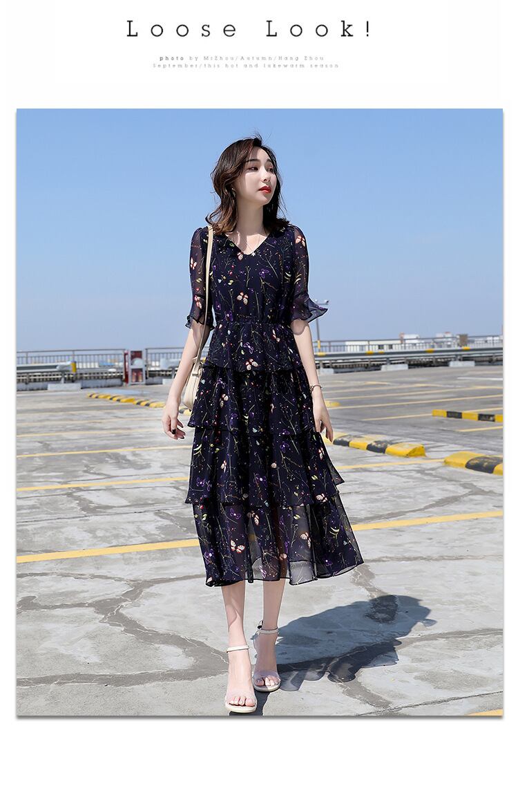 【dress】一目惚れ!Vネックフレアスリーブギャザー花柄ワンピースF0297