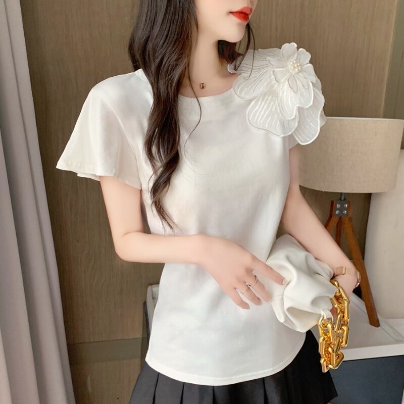 【tops】好感度満載!ラウンドネック半袖ビーズ飾り韓国ファッション体型カバー着やせTシャツF2230