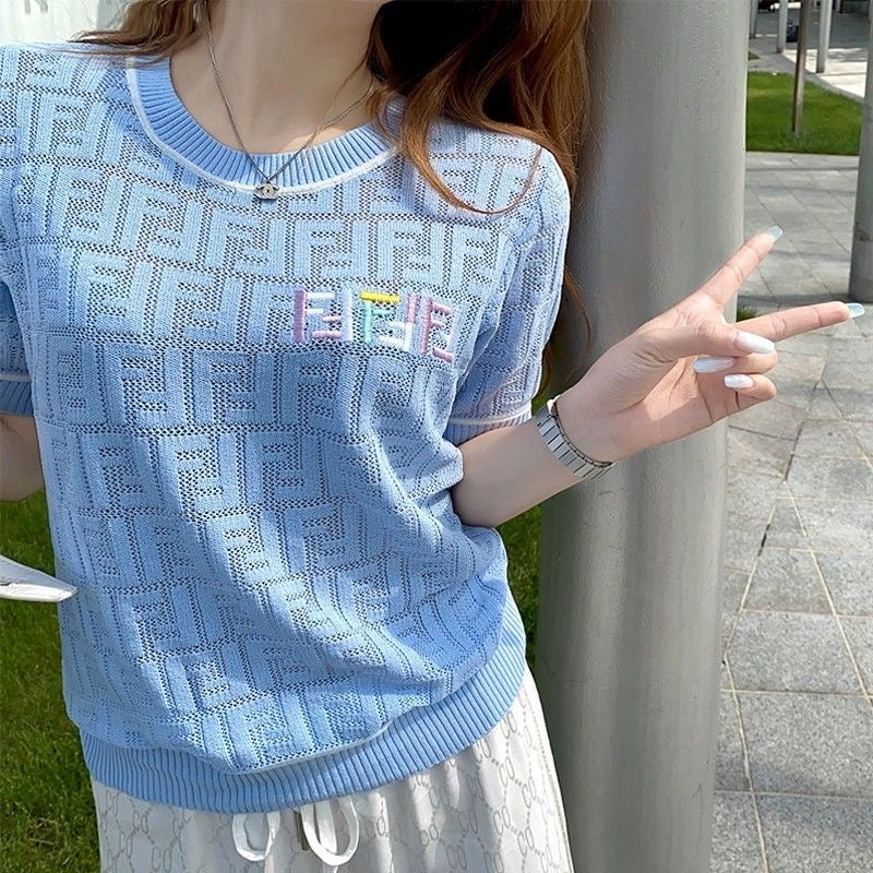 【tops】ラウンドネックニットTシャツF7638
