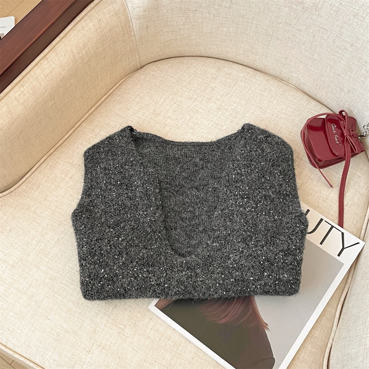 【tops】スパンコールニットベスト M29228