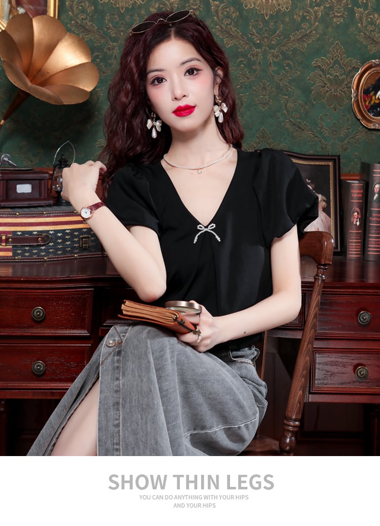 【tops】VネックリボンパフスリーブブラウスG21555