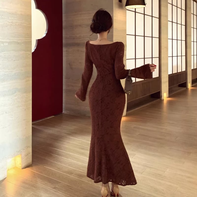 【dress】胸パット付きロングレースワンピース Q8167