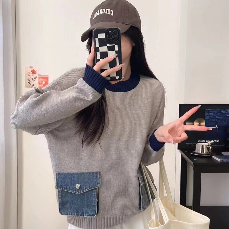 【tops】デニムポケット付きセーター Q6363