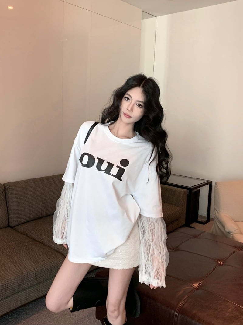 【tops】レース切り替えTシャツ M28795