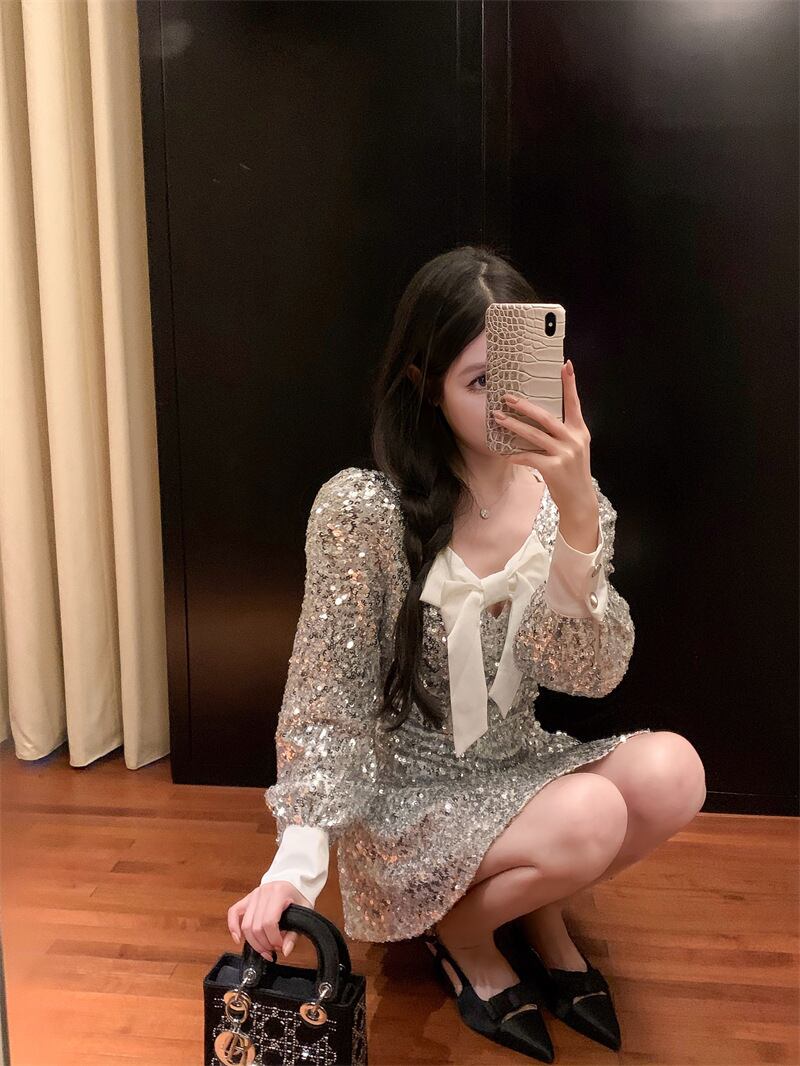 【dress】スパンコールリボン付きワンピース M28003