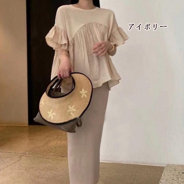 【tops】ラウンドネック半袖ラッパ袖TシャツF7340