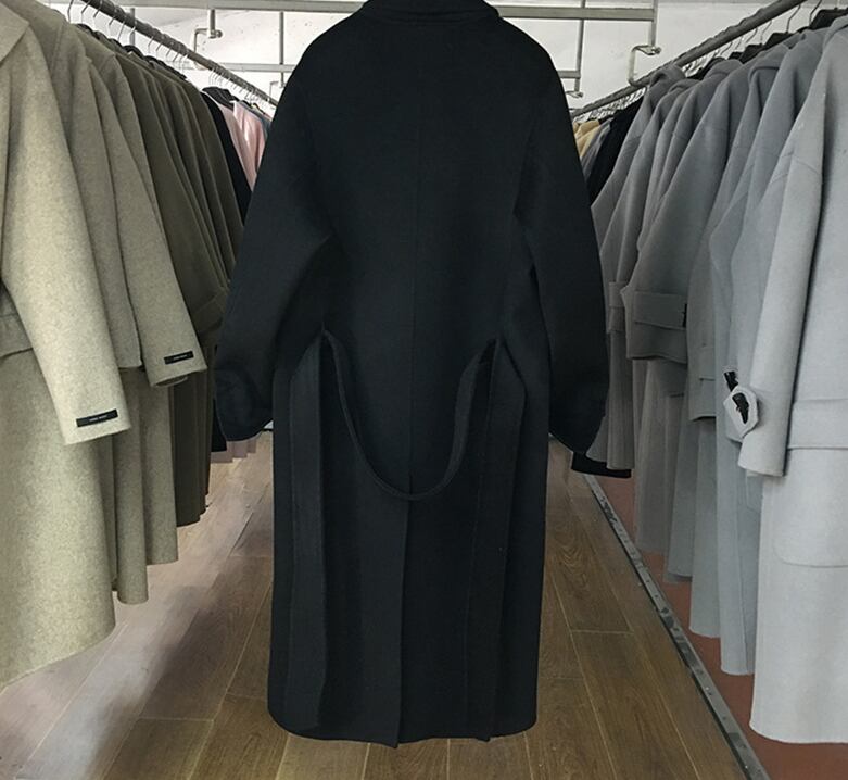 【outer】韓国風ファションINS風大きいラペル長袖リボン着回しゆったり秋冬ロング丈アウターコートW0225