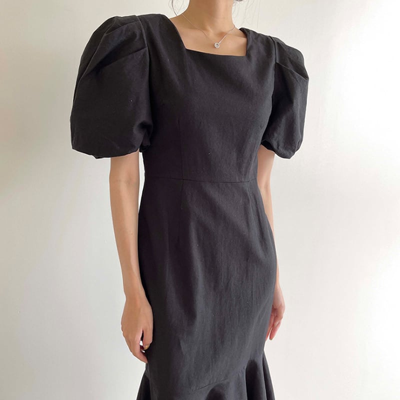 【dress】半袖パフ袖透かし彫りワンピースF7410