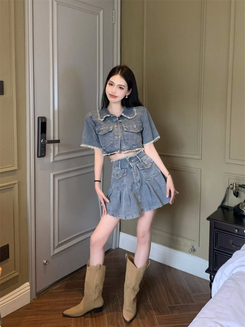 【set】半袖ジャケット+スカートデニム2点セットF7529