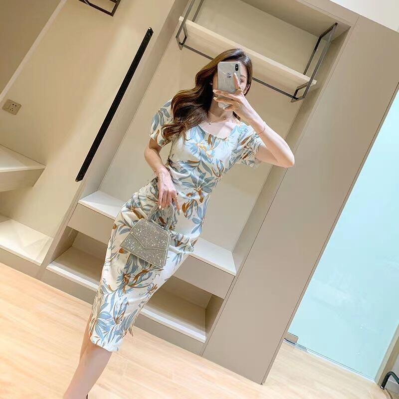 【dress】スクェアネック半袖花柄配色着やせタイトワンピースF2741