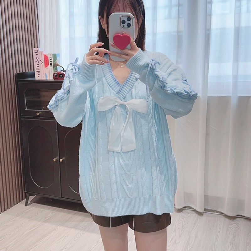 【tops】リボン付きレースアップニットセーター N2714