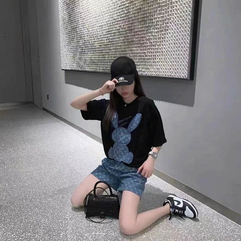 【set】2色動物柄Tシャツ+ショートパンツ2点セットF7702