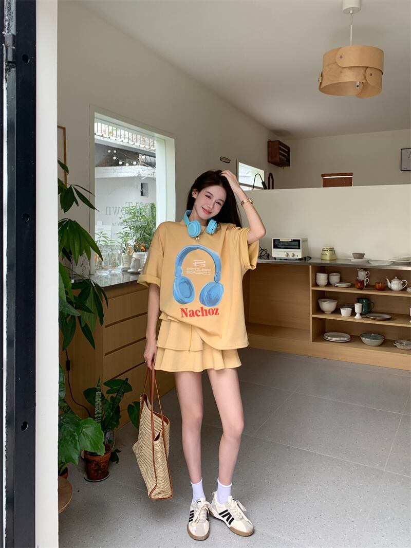 【set】ラウンドネックプリントTシャツ+スカート2点セットG21374