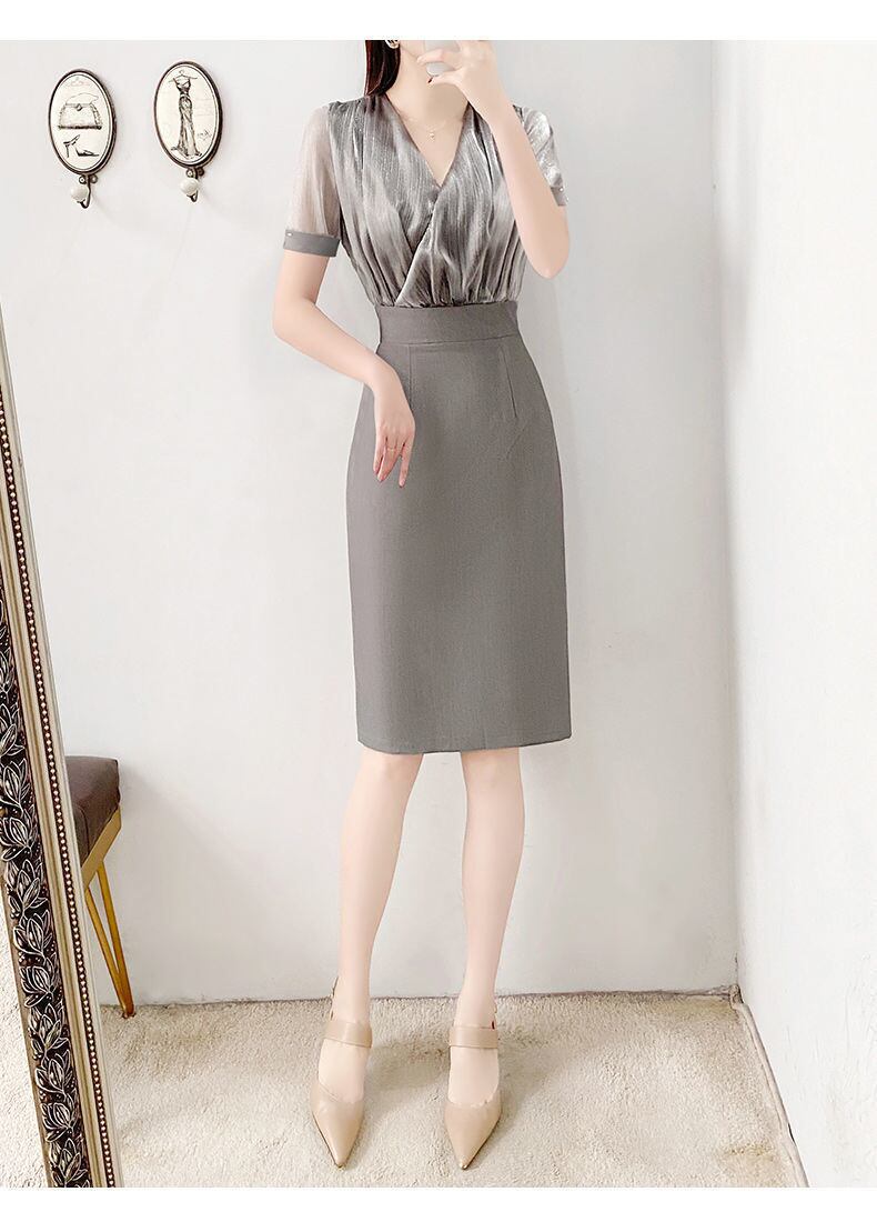【dress】ファッション!気質満点レトロOL通勤着痩せVネックメッシュ切り替えワンピース G6423