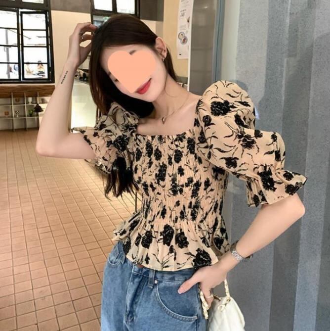【tops】半袖パフ袖プリントブラウスF7327