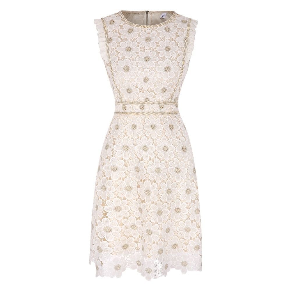 【dress】ラウンドネックレース透かし彫りワンピースF7333