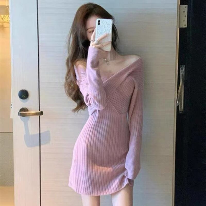 【dress】細身効果抜群♪韓国風INS風オフネック長袖タイト体型カバー人気ニットワンピースF3735