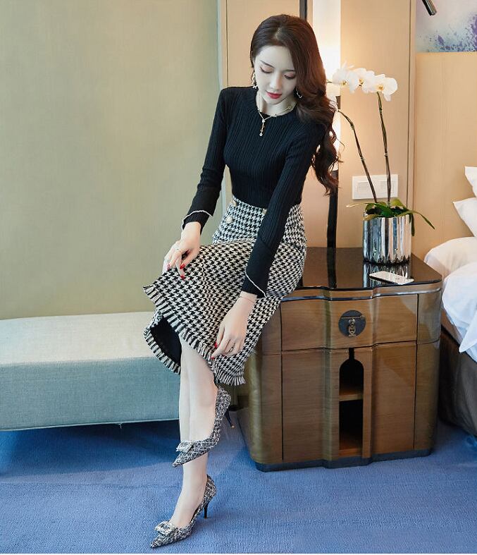 【set】気質溢れる♪ラウンドネック長袖ニット+千鳥格子スカート通勤日常2点セットF0579