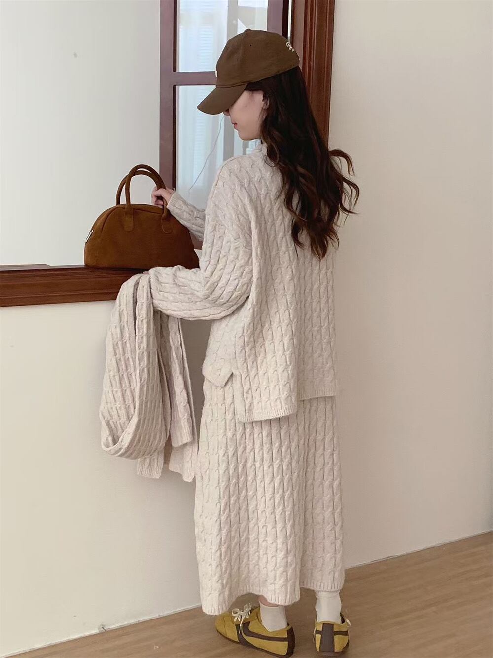 【set】マフラー×ニットトップス×ロングスカート3点セット Q6973