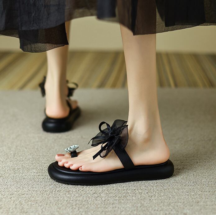 【shoes】気質溢れる♪2色韓国風INS風超人気履きやすいキレー目メッシュ蝶々結びサンダルスリッパF2845