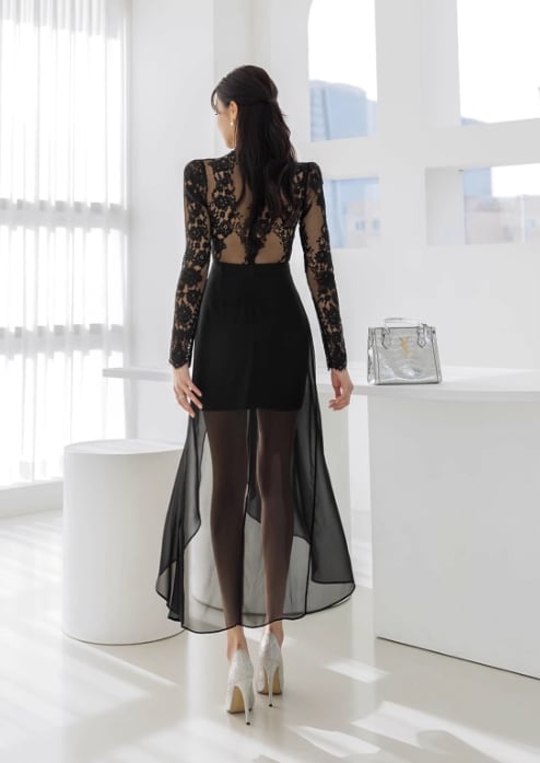 【dress】スタンドネックレース切り替えメッシュワンピース G21492