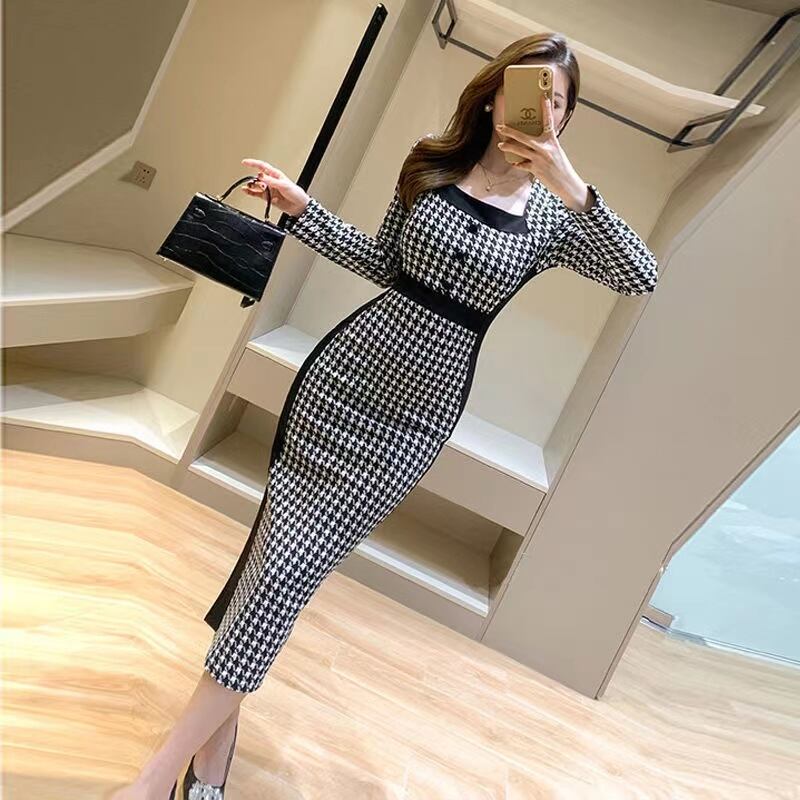 【dress】今季トレンド韓国風INS風スクェアネック長袖千鳥柄ウェスト絞りタイトワンピースF4017