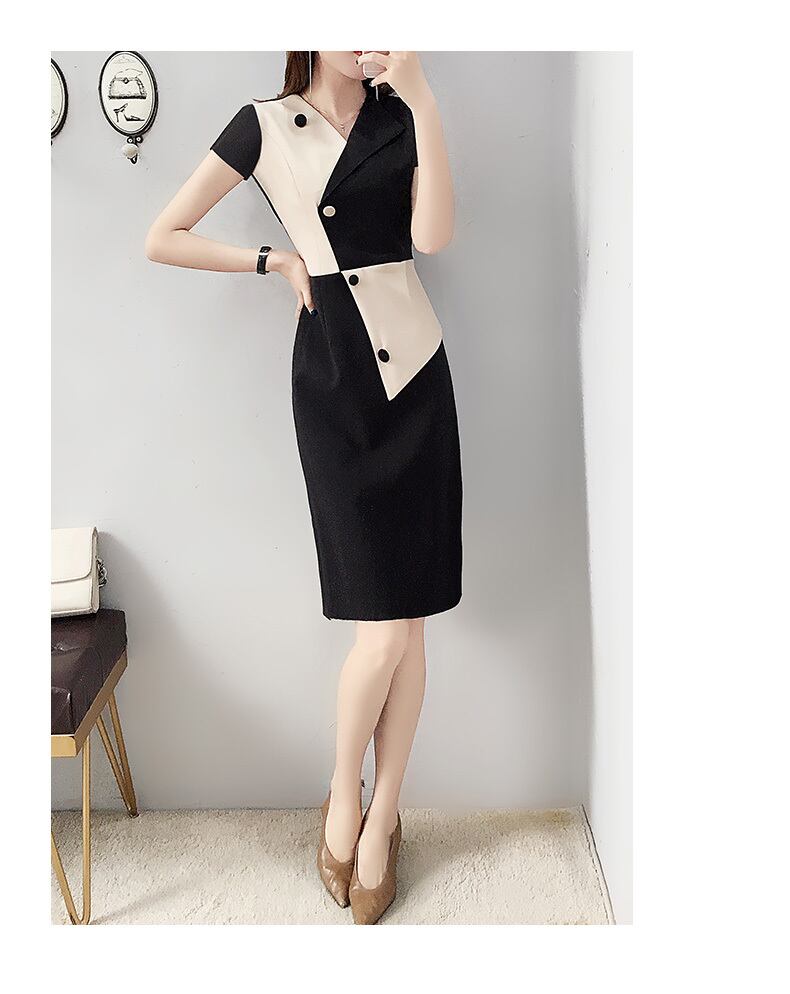 【dress】好感度満載!OL通勤夏Vネック半袖配色体型カバー韓国風INS風ワンピースF2209