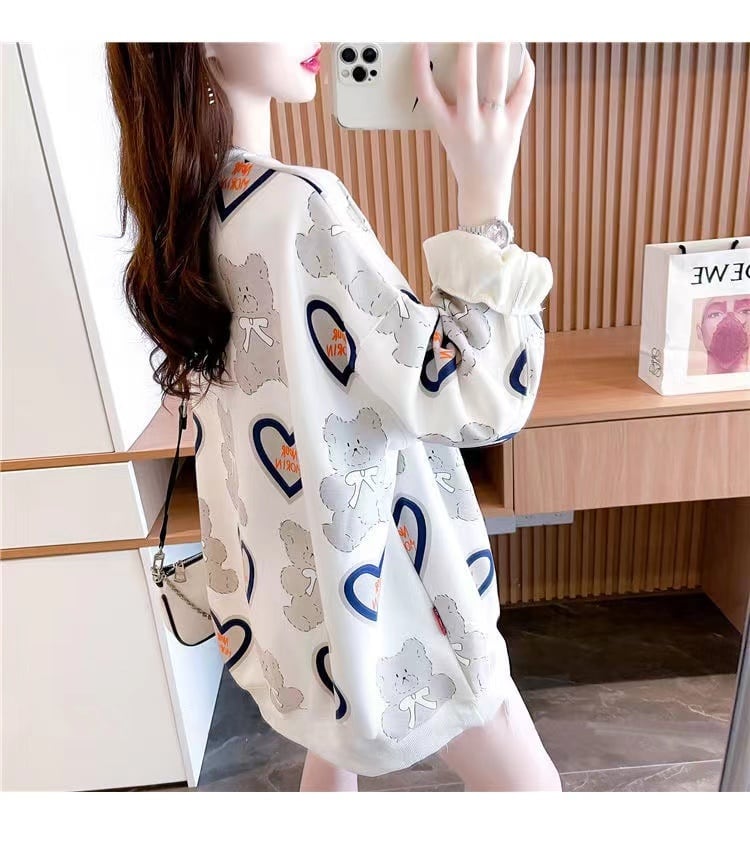 【tops】おすすめ3色裏起毛ラウンドネック長袖秋冬新作動物柄ハート柄配色厚手着回しパーカーF1333