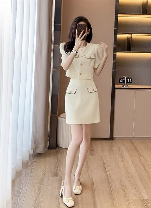 【set】OL通勤半袖トップス+ショート丈スカート気質満点セットアップ F5421