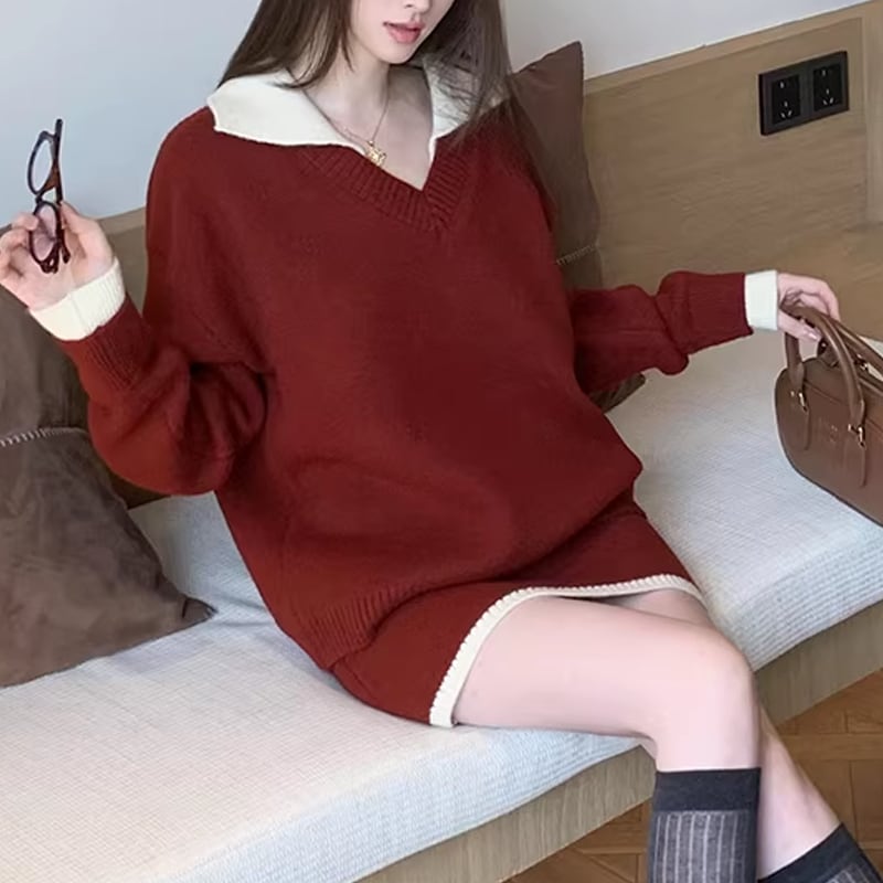 【set】フェイクレイヤードニットトップス×ミニスカートセット Q7829