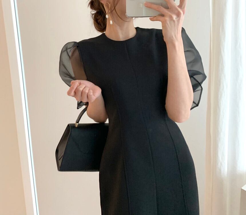 【dress】韓国風 気質満点ラウンドネックパフスリーブシフォン切り替えワンピース