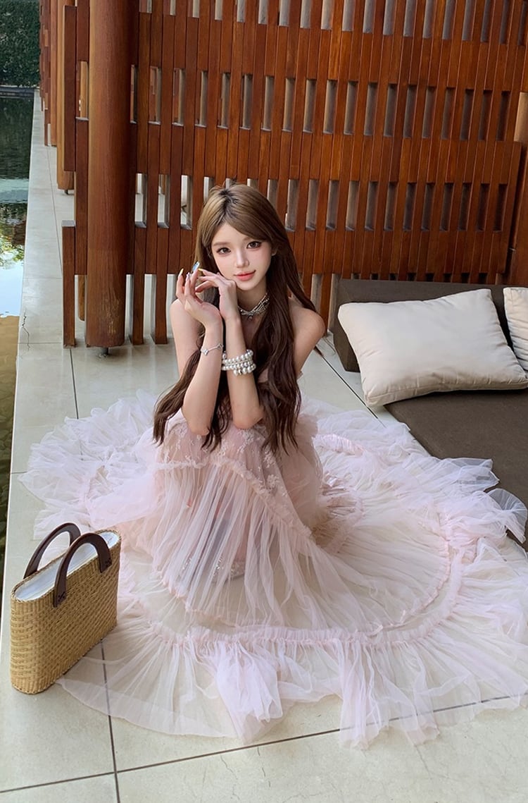 【dress】ホルターネックシアーチュールティアードワンピース Q8484