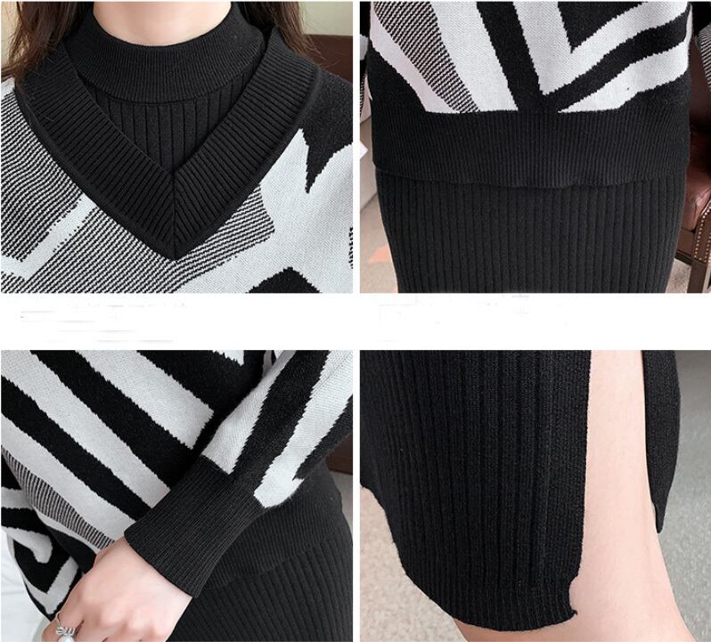 【set】秋冬新作!気質満点レトロニットセーター+体型カバー着痩せワンピース2点セット G4121