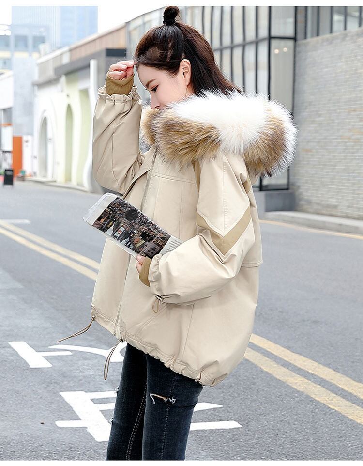 【outer】知的で品の良い3色秋冬長袖フード付き厚手寒さ対策配色ショート丈コートF1156