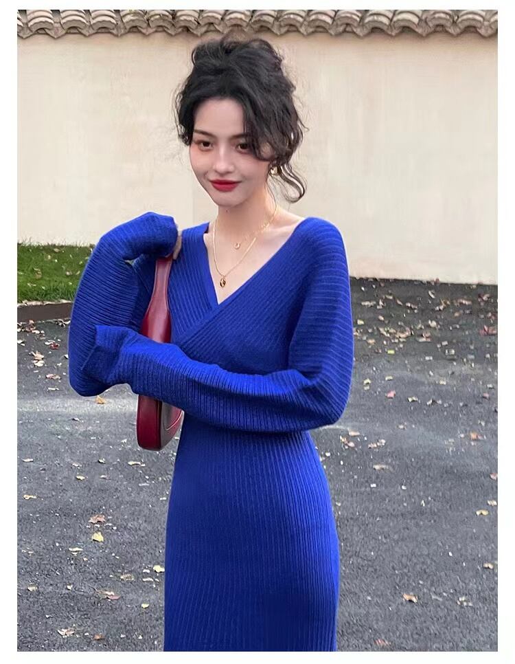 【dress】優しい雰囲気韓国風INS風Vネック長袖ウェスト絞り無地着やせニットワンピースF3383