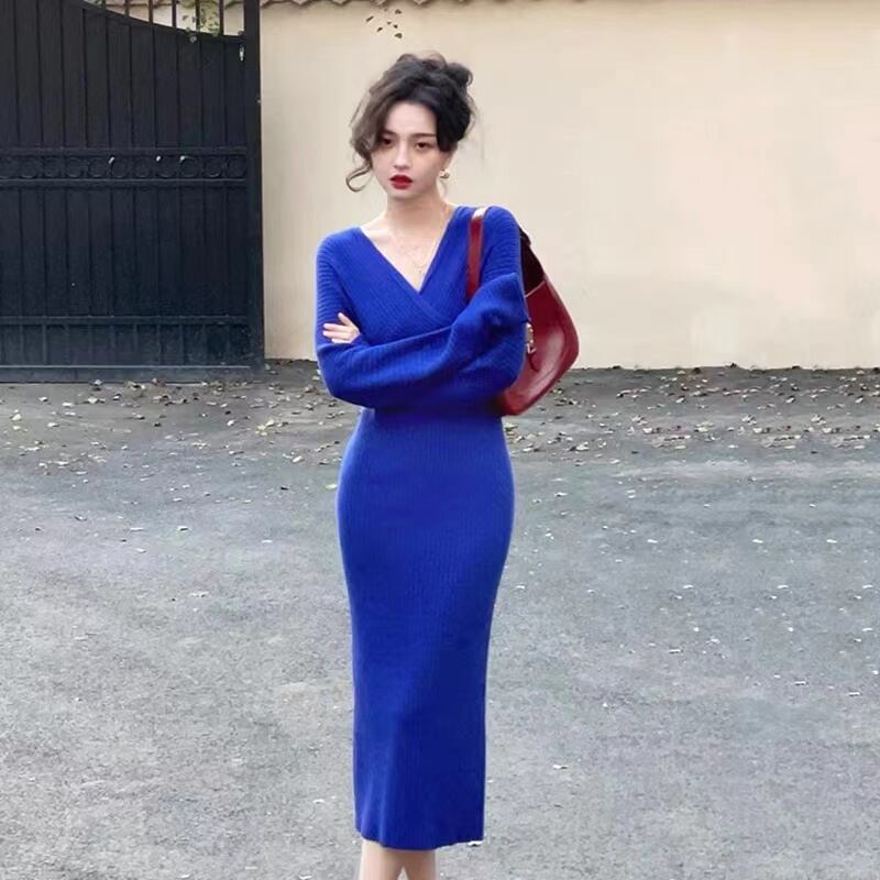 【dress】優しい雰囲気韓国風INS風Vネック長袖ウェスト絞り無地着やせニットワンピースF3383
